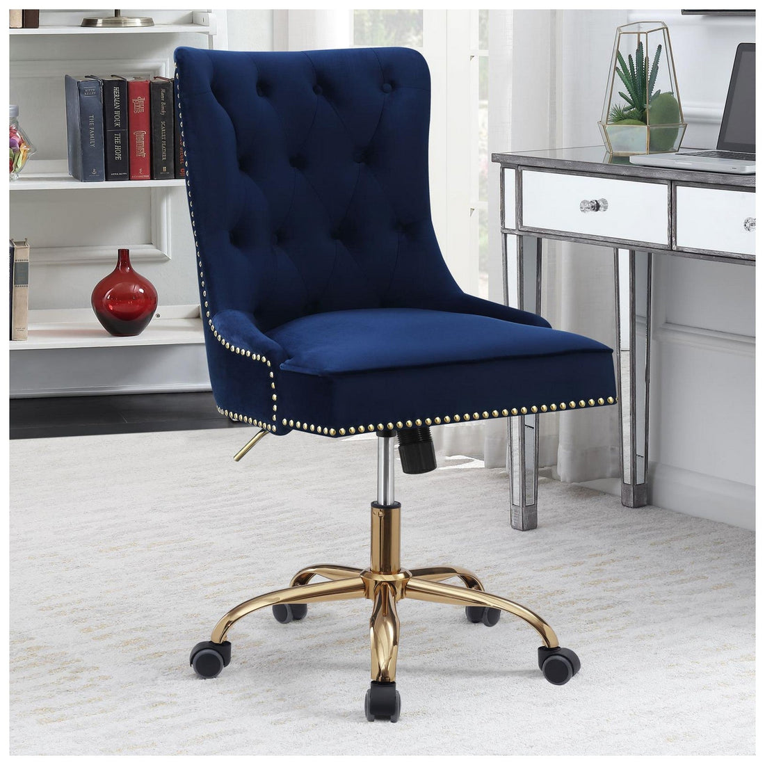 Bowie Upholstered Office Chair with Nailhead Blue and Brass 801984