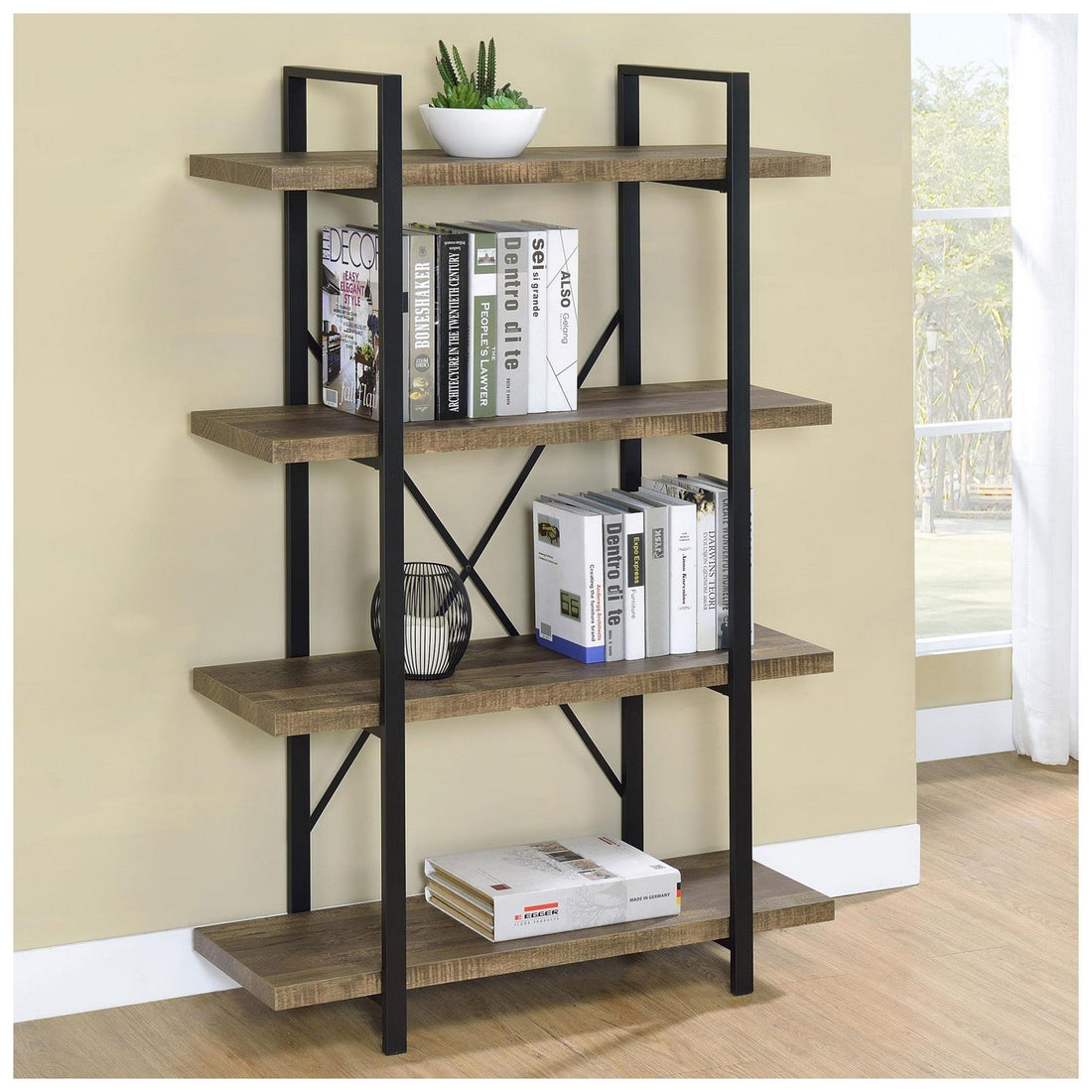 Tolar 4-tier Open Shelving Bookcase Rustic Oak and Black 804405