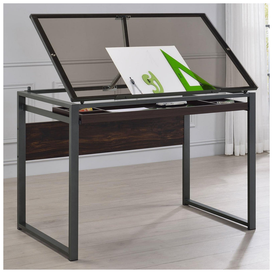 Pantano Glass Top Drafting Desk Dark Gunmetal and Chestnut 805571