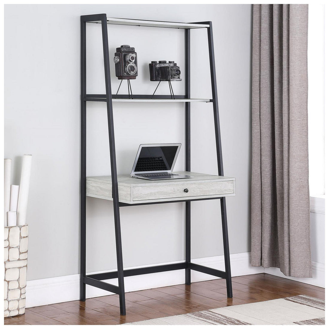 Pinckard 1-drawer Ladder Desk Grey Stone Herringbone and Black 805801
