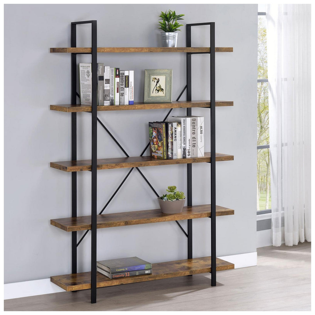 Cole 5-Shelf Bookcase Antique Nutmeg and Black 805807