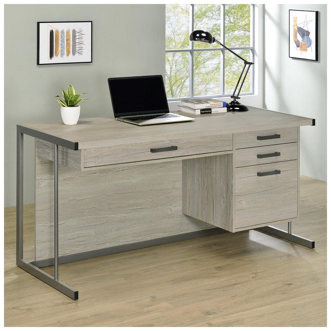 Loomis 4-drawer Rectangular Office Desk Whitewashed Grey and Gunmetal 805881
