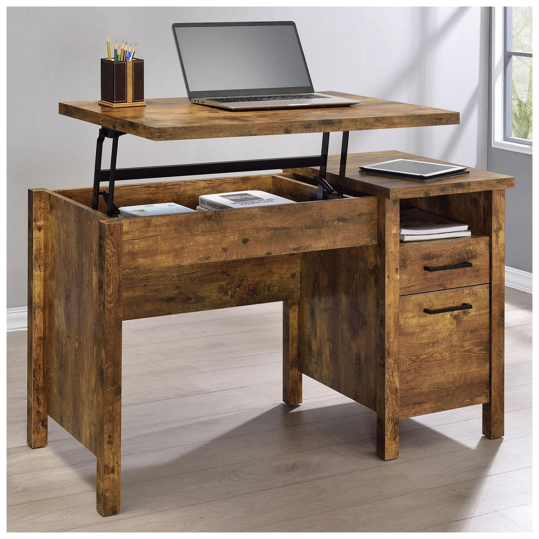 Delwin Lift Top Office Desk with File Cabinet Antique Nutmeg 881240