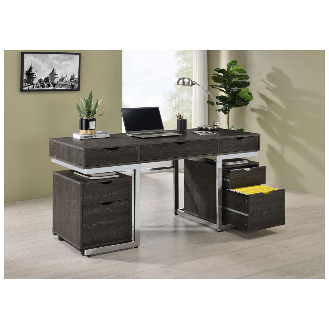Noorvik 3-piece Writing Desk Set Dark Oak and Chrome 881571-S3