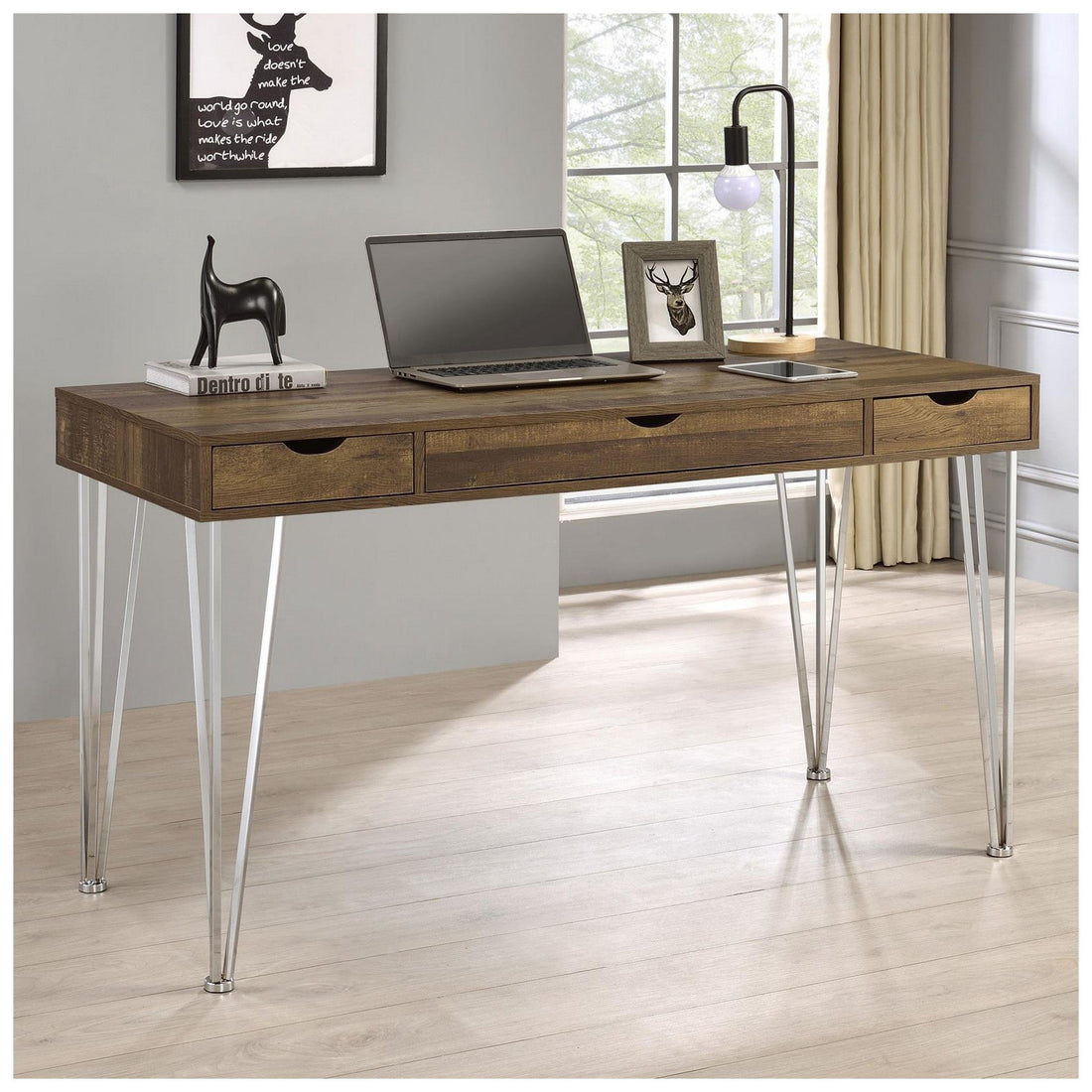 Milton 3-drawer Writing Desk Brown Oak and Chrome 881621