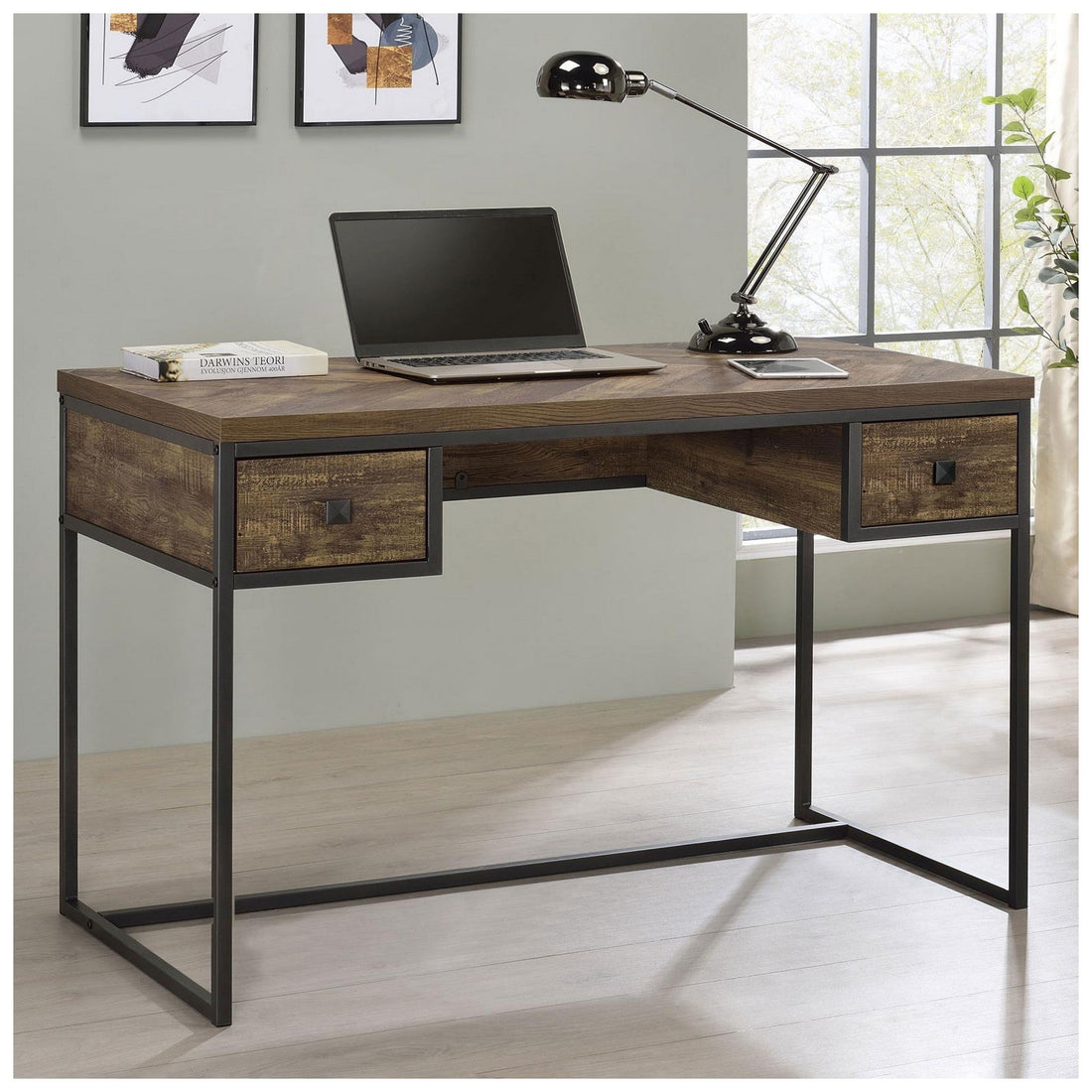 Millbrook 2-drawer Writing Desk Rustic Oak Herringbone and Gunmetal 882091