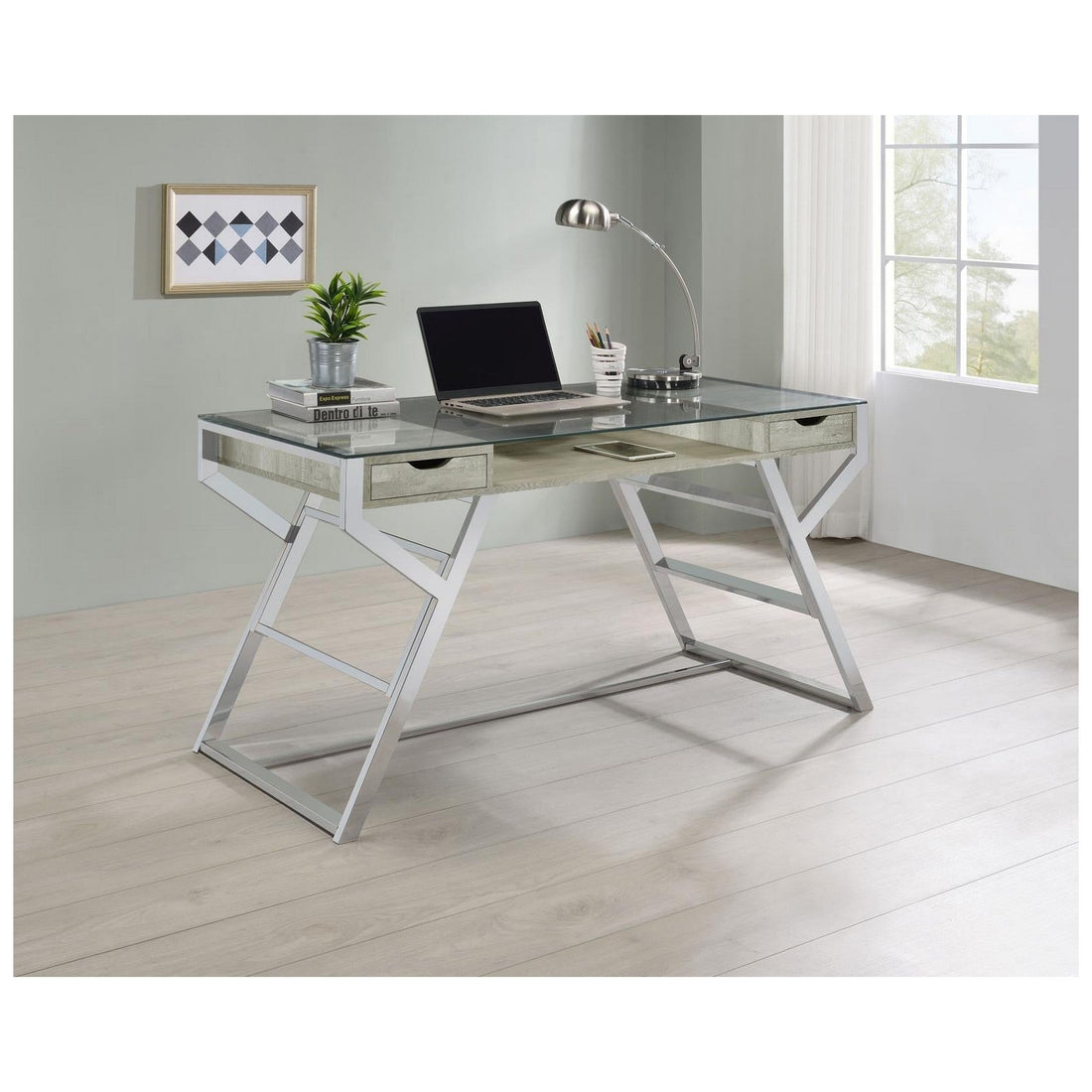 Emelle 2-drawer Glass Top Writing Desk Grey Driftwood and Chrome 882116