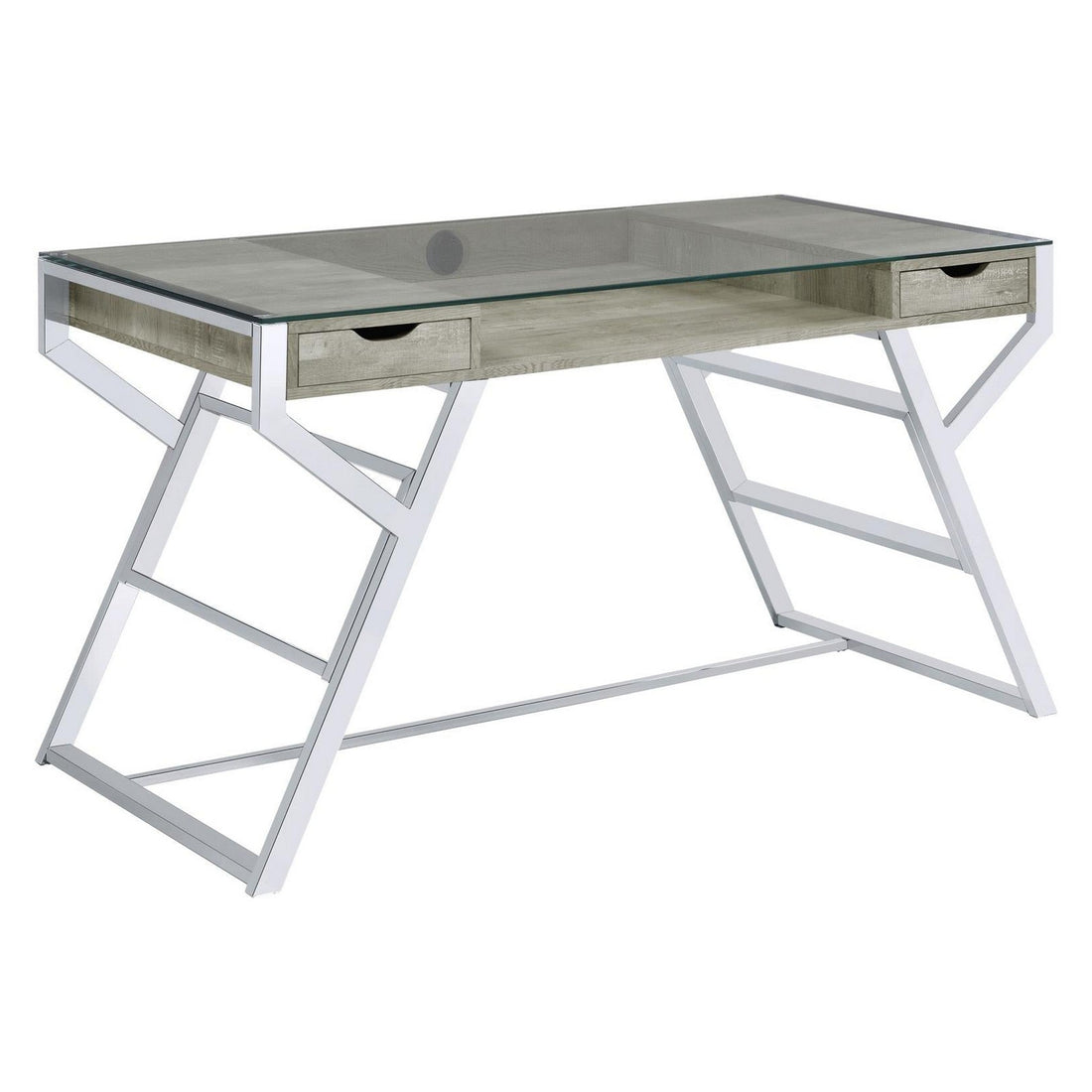 Emelle 2-drawer Glass Top Writing Desk Grey Driftwood and Chrome 882116