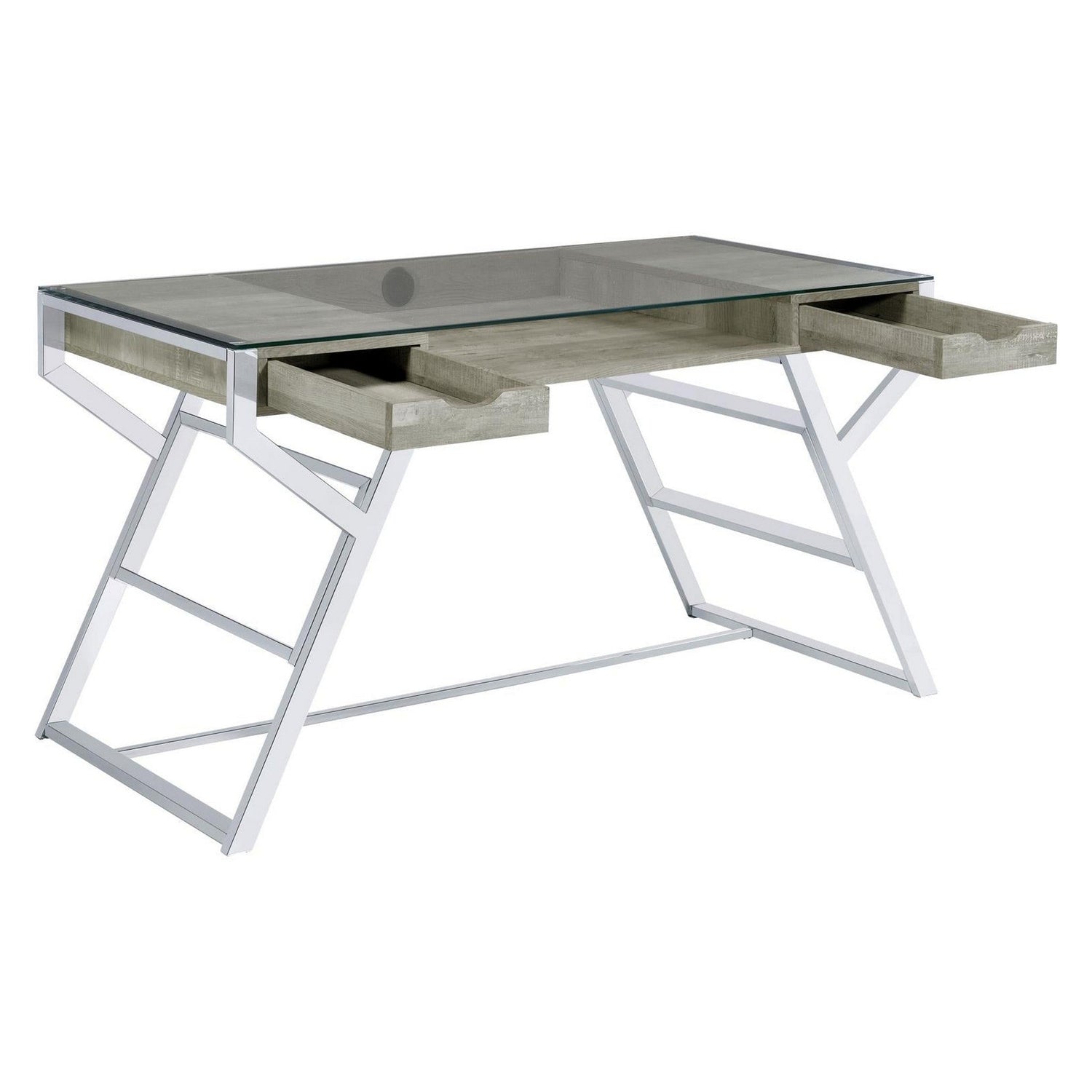 Emelle 2-drawer Glass Top Writing Desk Grey Driftwood and Chrome 882116