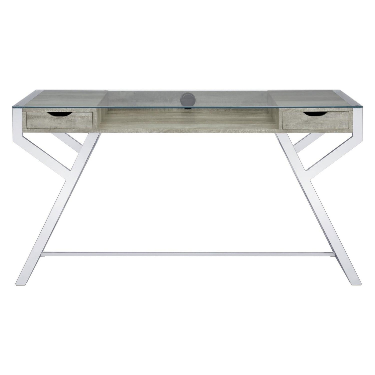 Emelle 2-drawer Glass Top Writing Desk Grey Driftwood and Chrome 882116