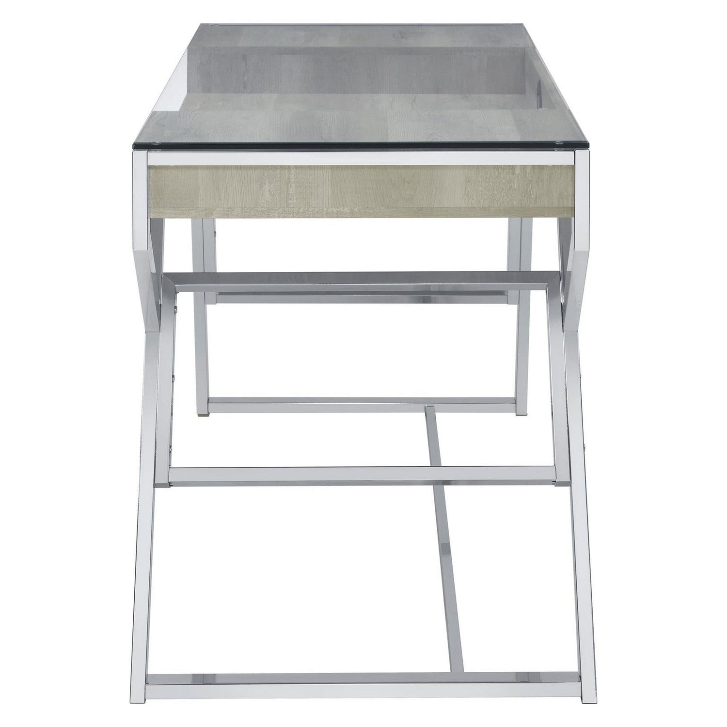 Emelle 2-drawer Glass Top Writing Desk Grey Driftwood and Chrome 882116