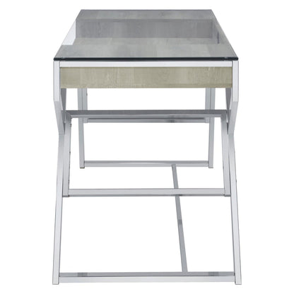 Emelle 2-drawer Glass Top Writing Desk Grey Driftwood and Chrome 882116