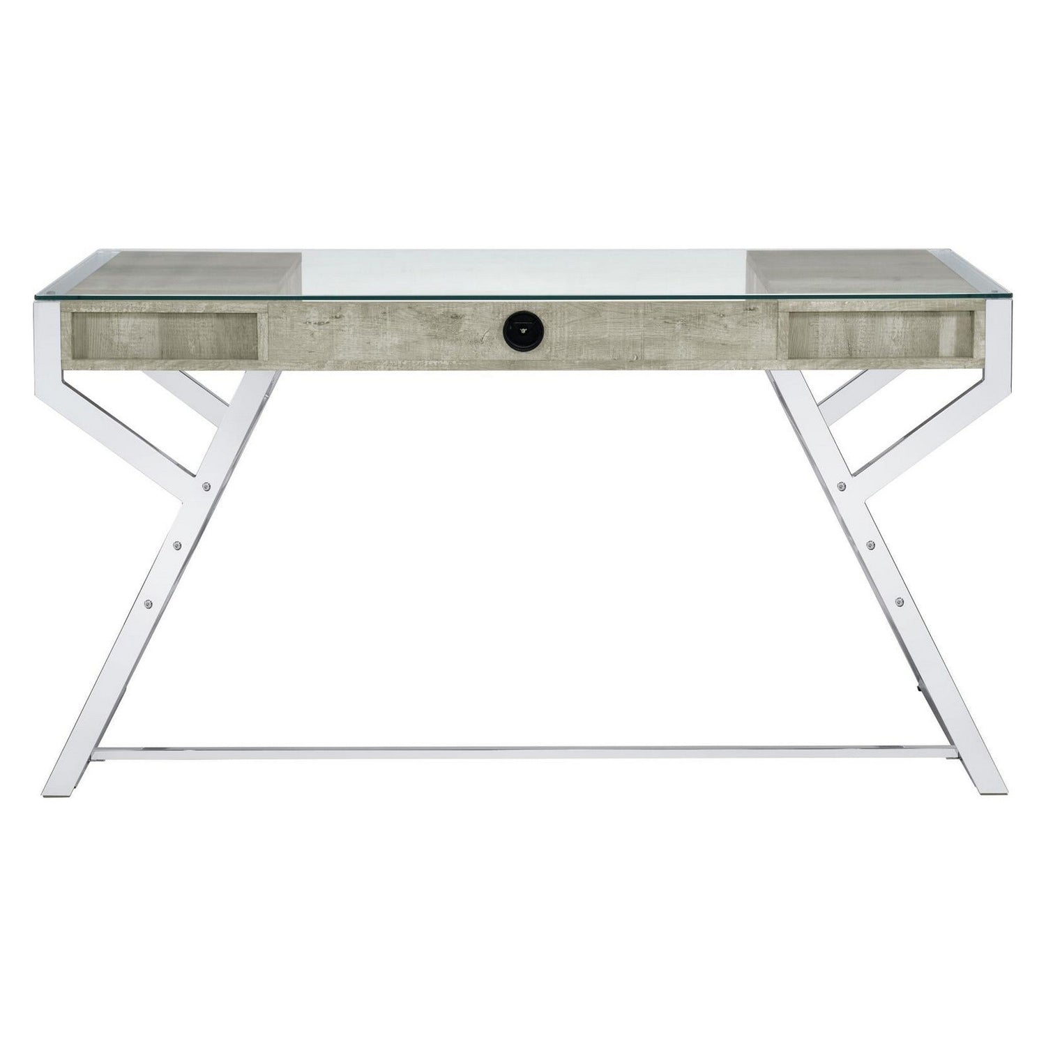 Emelle 2-drawer Glass Top Writing Desk Grey Driftwood and Chrome 882116