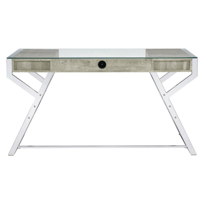 Emelle 2-drawer Glass Top Writing Desk Grey Driftwood and Chrome 882116