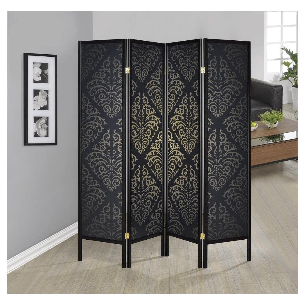 Haidera 4-panel Damask Pattern Folding Screen Black 901632