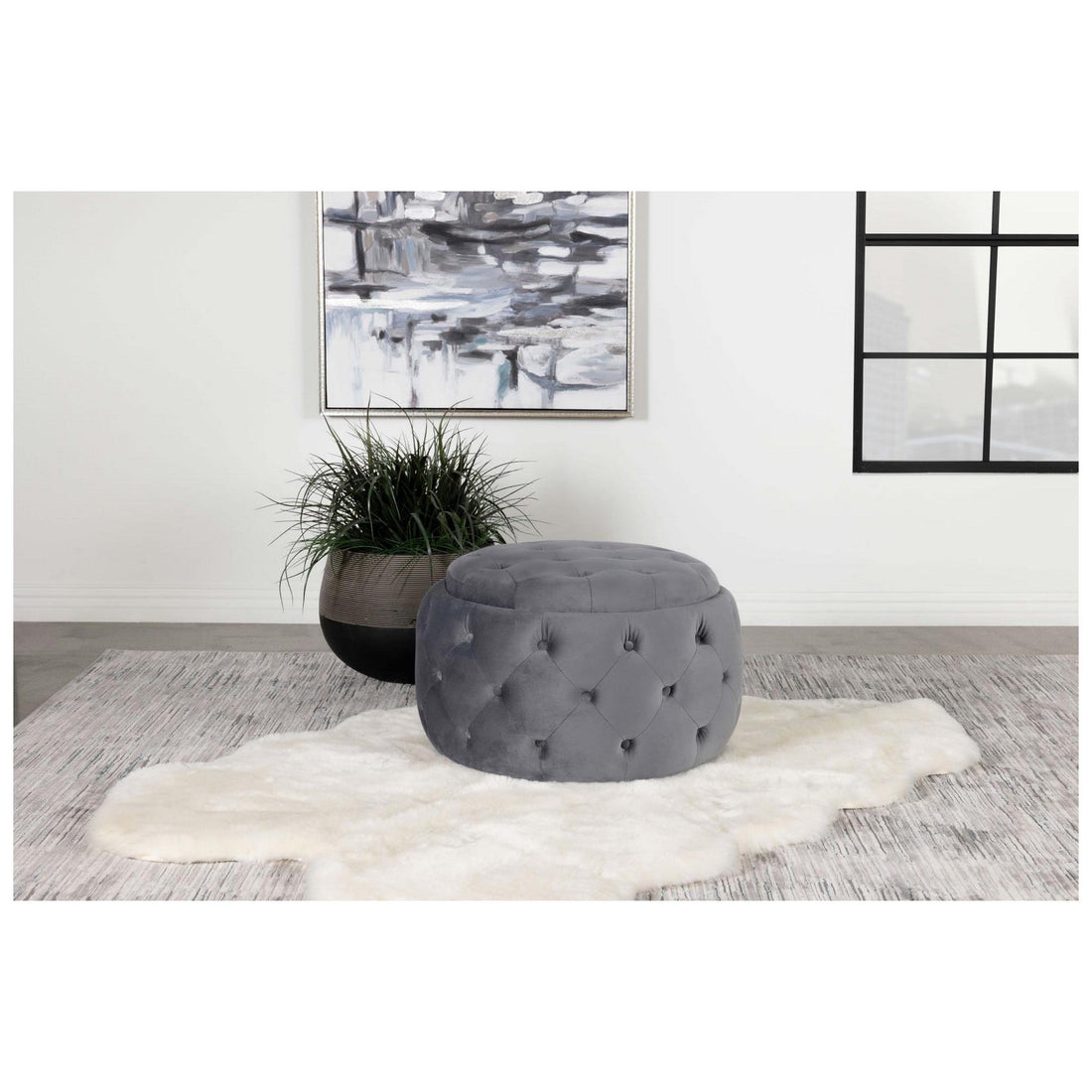 Angelina Tufted Storage Round Ottoman Steel Grey 915408