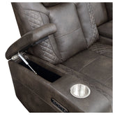 Power Double Reclining Love Seat with Center Console and Power Headrests, Storage Arms, Cup Holders 9211BRG-2PWH