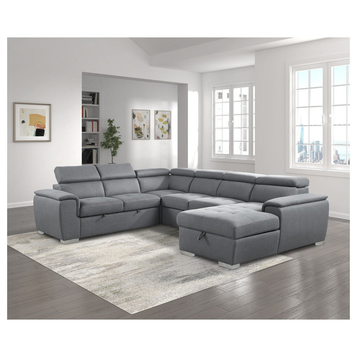 (4)4-Piece Sectional with Pull-out Bed and Adjustable Headrests 9355GY*42LRC