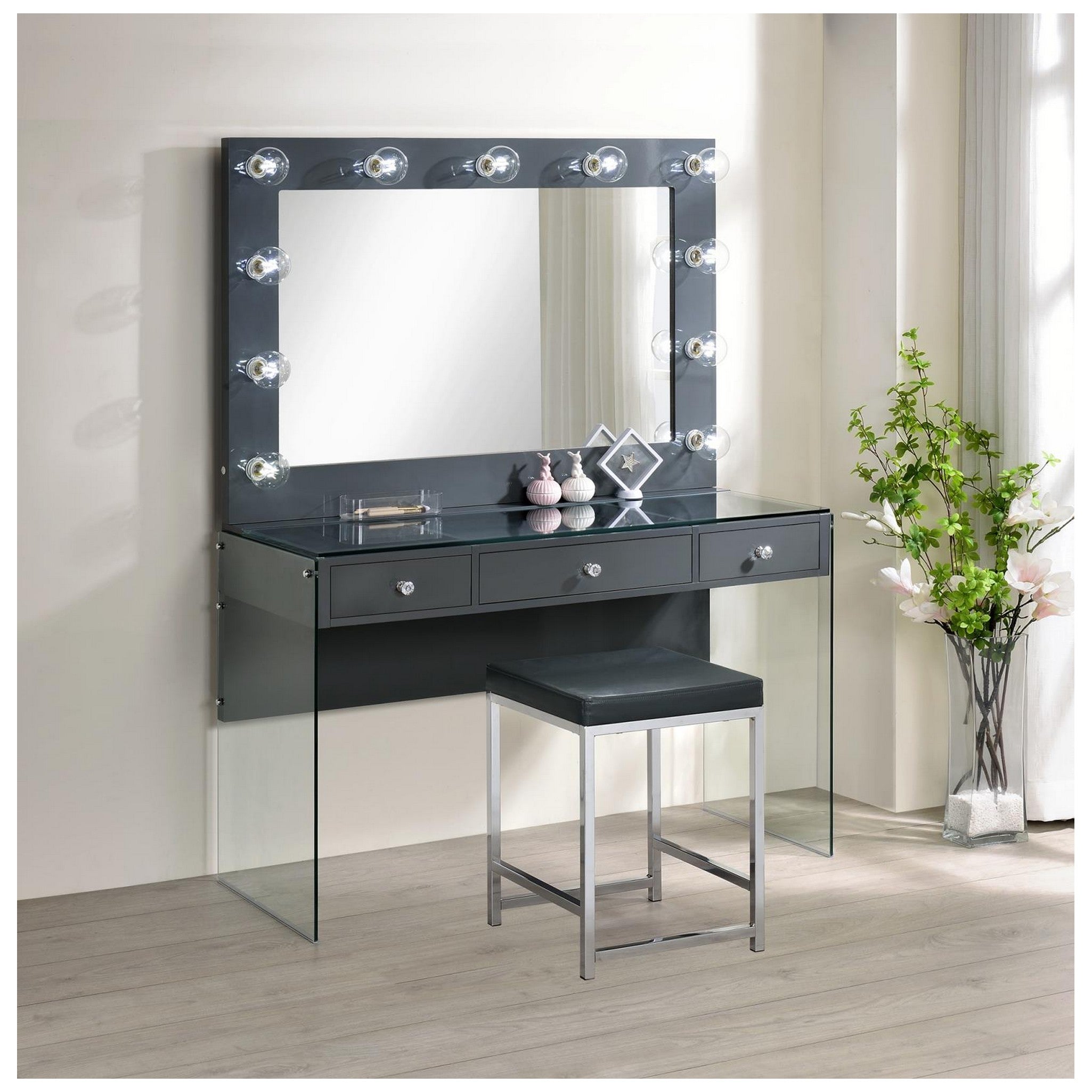 Afshan 3-drawer Vanity Desk with Lighting Mirror Grey High Gloss 935923