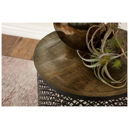Aurora Round Accent Table with Drum Base Natural and Black 935990
