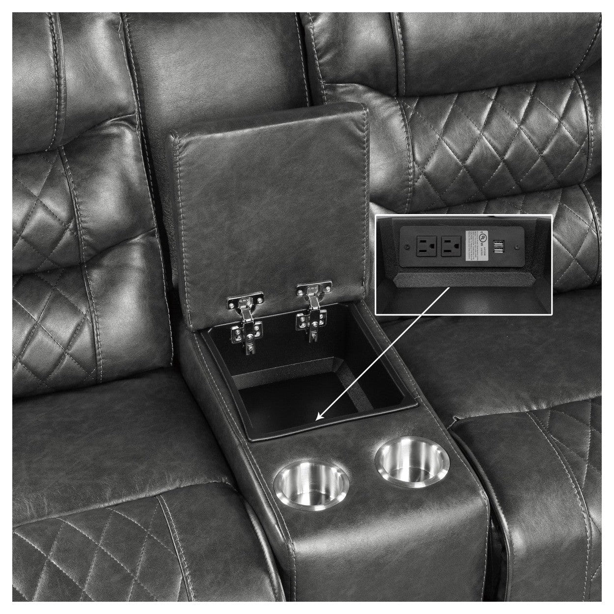 Power Double Reclining Love Seat with Center Console, Receptacles and USB port 9405GY-2PW