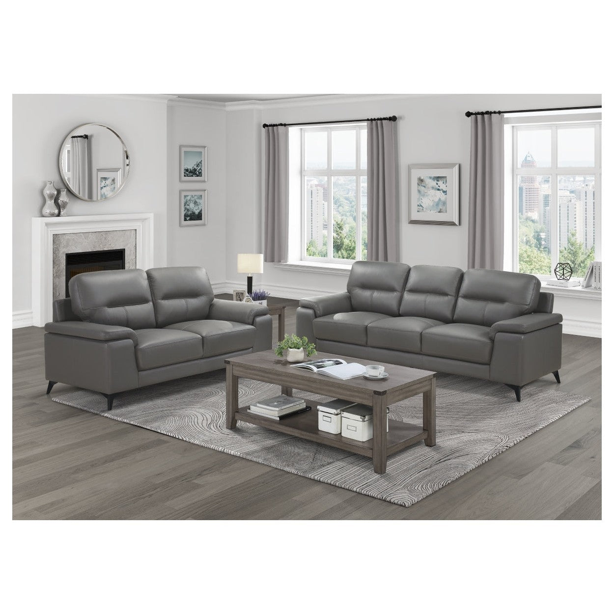 SOFA, DARK GRAY TOP GRAIN LEATHER MATCH PVC 9514DGY-3