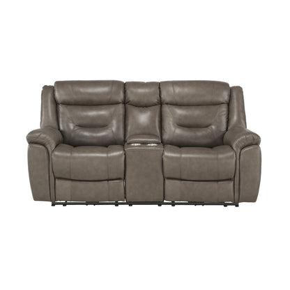 POWER DOUBLE RECLINING LOVE SEAT W/ CONSOLE, POWER HEADRESTS &amp; USB PORTS, BROWNISH GRAY TOP GRAIN LEATHER MATCH PVC 9528BRG-2PWH