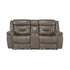 POWER DOUBLE RECLINING LOVE SEAT W/ CONSOLE, POWER HEADRESTS & USB PORTS, BROWNISH GRAY TOP GRAIN LEATHER MATCH PVC 9528BRG-2PWH