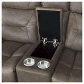 POWER DOUBLE RECLINING LOVE SEAT W/ CONSOLE, POWER HEADRESTS & USB PORTS, BROWNISH GRAY TOP GRAIN LEATHER MATCH PVC 9528BRG-2PWH