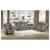 POWER DOUBLE RECLINING SOFA W/ POWER HEADRESTS & USB PORTS, BROWNISH GRAY TOP GRAIN LEATHER MATCH PVC 9528BRG-3PWH