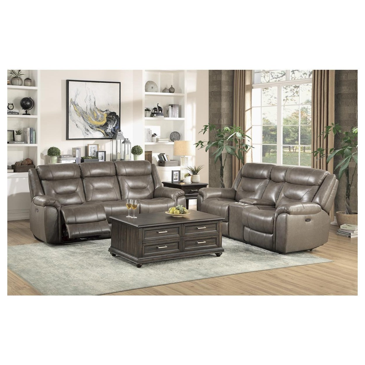 POWER DOUBLE RECLINING SOFA W/ POWER HEADRESTS &amp; USB PORTS, BROWNISH GRAY TOP GRAIN LEATHER MATCH PVC 9528BRG-3PWH