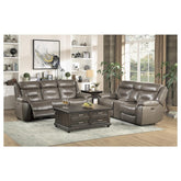 POWER DOUBLE RECLINING SOFA W/ POWER HEADRESTS & USB PORTS, BROWNISH GRAY TOP GRAIN LEATHER MATCH PVC 9528BRG-3PWH
