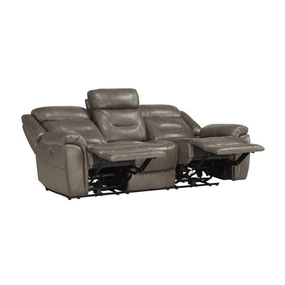 POWER DOUBLE RECLINING SOFA W/ POWER HEADRESTS &amp; USB PORTS, BROWNISH GRAY TOP GRAIN LEATHER MATCH PVC 9528BRG-3PWH