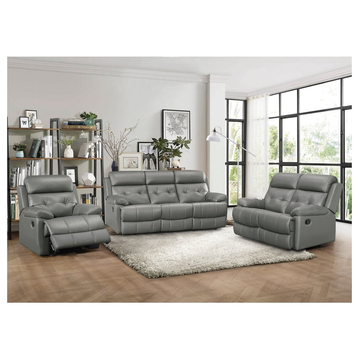 DOUBLE RECLINING LOVE SEAT, GRAY TOP GRAIN LEATHER MATCH PVC 9529GRY-2