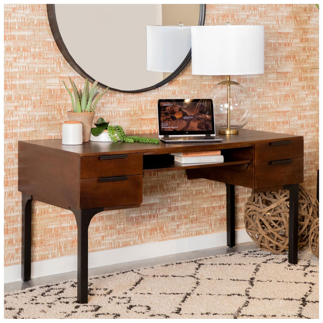 Portwall 4-drawer Writing Desk Brown and Matte Black 991038