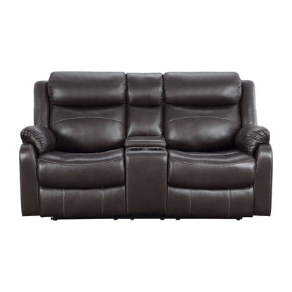 DOUBLE LAY FLAT RECLINING LOVE SEAT W/ CONSOLE, DARK BROWN POLISHED MICROFIBER 9990DB-2