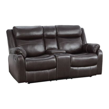 DOUBLE LAY FLAT RECLINING LOVE SEAT W/ CONSOLE, DARK BROWN POLISHED MICROFIBER 9990DB-2