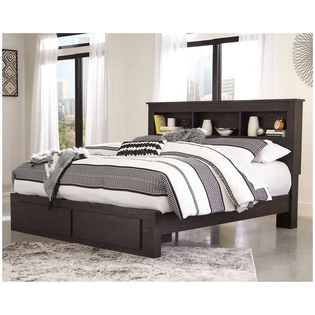 Reylow King Bookcase Bed with 2 Storage Drawers Ash-B555B13