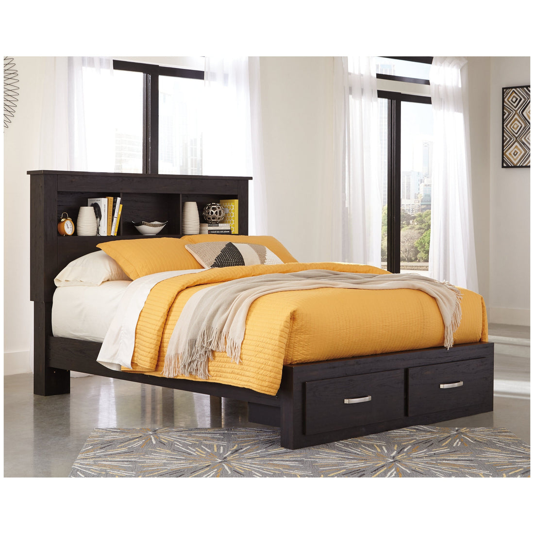 Reylow Queen Bookcase Bed with 2 Storage Drawers Ash-B555B8