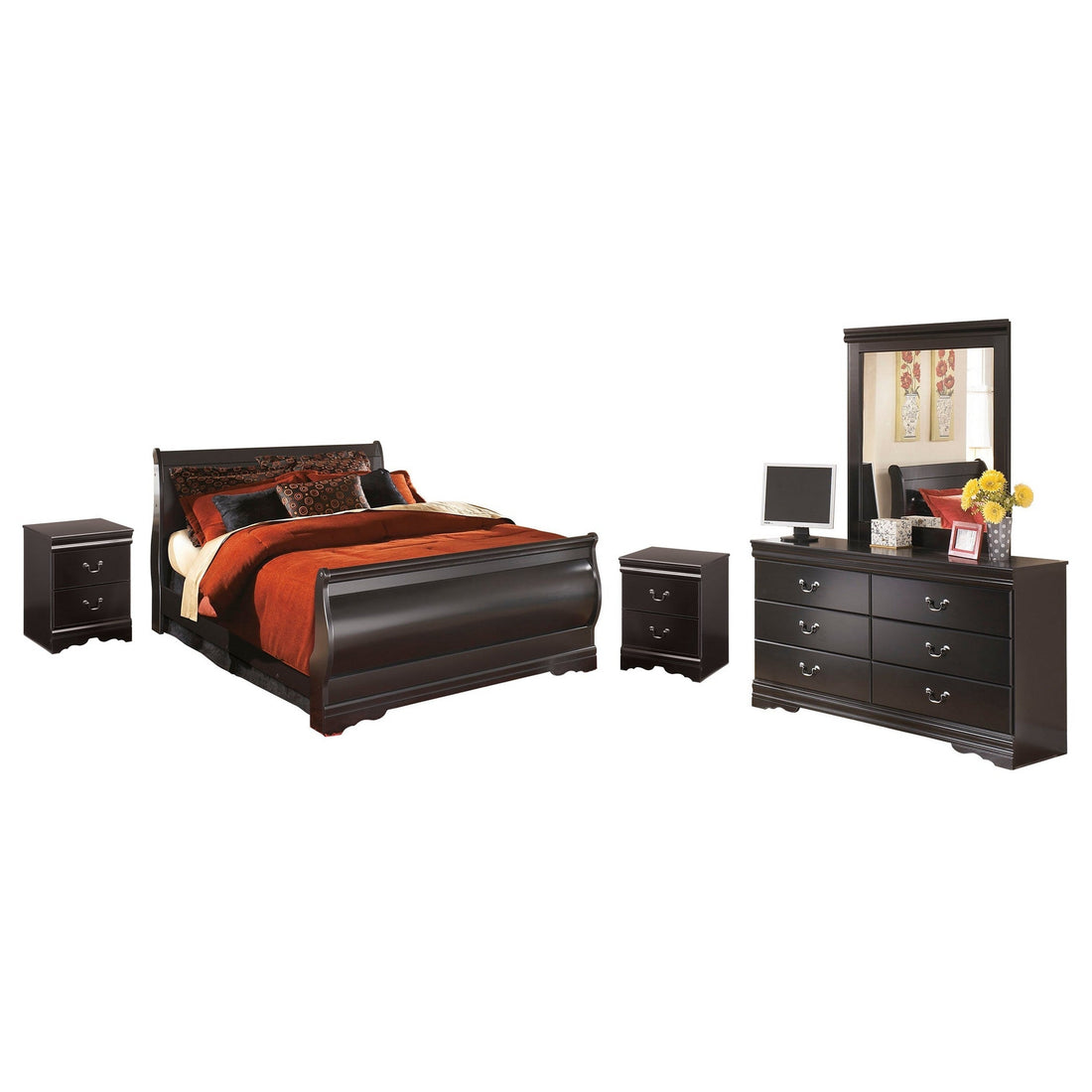 Huey Vineyard Queen Sleigh Bed with Mirrored Dresser and 2 Nightstands Ash-B128B15