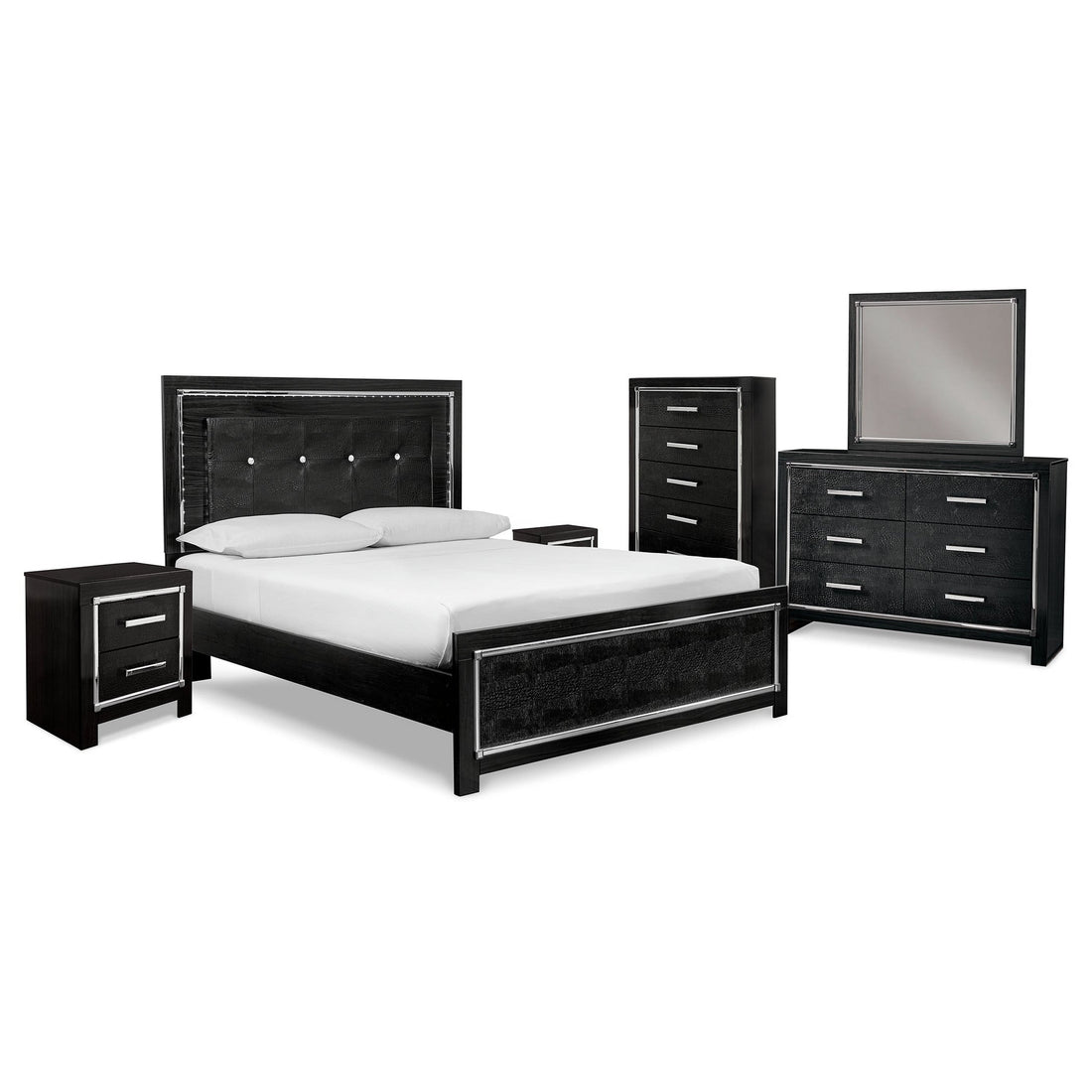 Kaydell Queen Upholstered Panel Bed, Dresser, Mirror, Chest and 2 Nightstands Ash-B1420B36