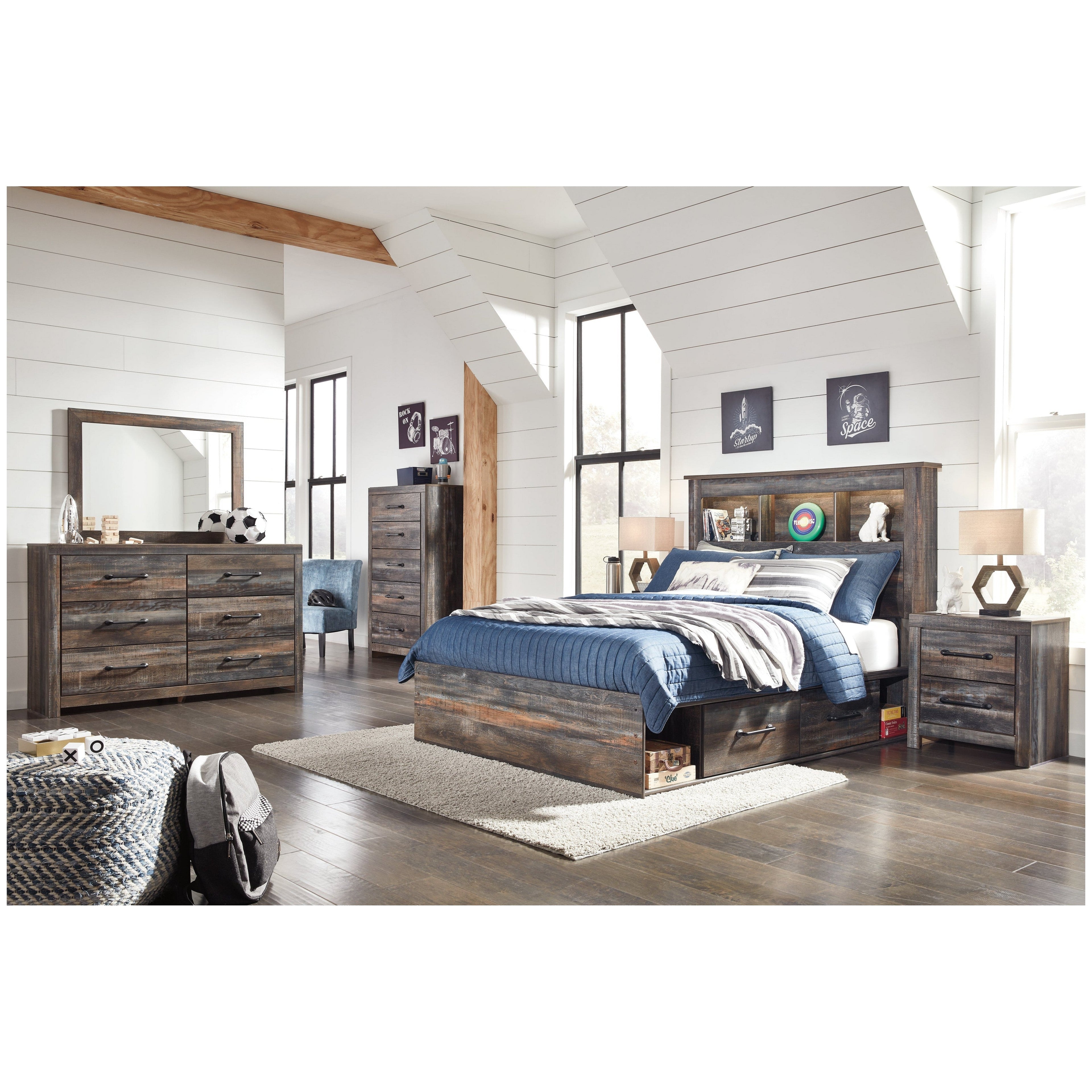 Drystan Full Bookcase Bed with 2 Storage Drawers Ash-B211B44