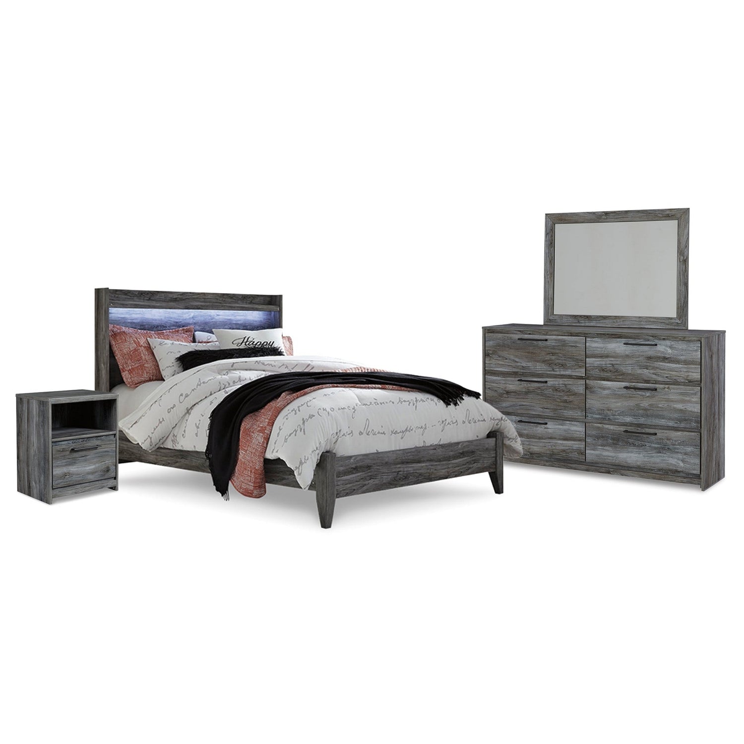 Baystorm Queen Panel Bed, Dresser, Mirror and Nightstand Ash-B221B17