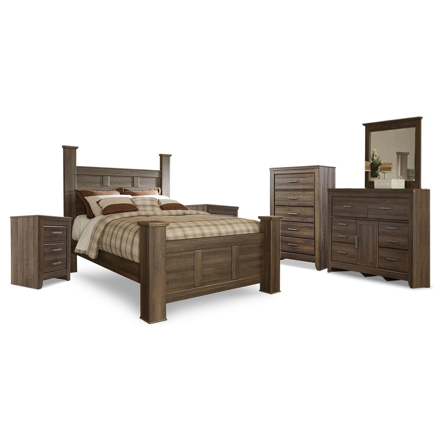 Juararo Queen Poster Bed, Dresser, Mirror, Chest and 2 Nightstands Ash-B251B26