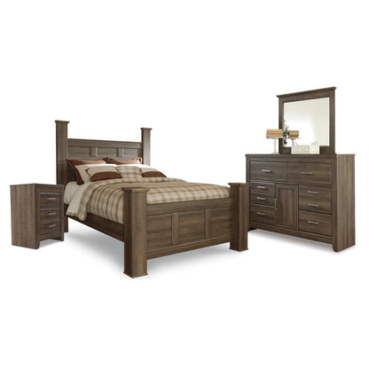 Juararo Queen Poster Bed with Mirrored Dresser and Nightstand Ash-B251B22