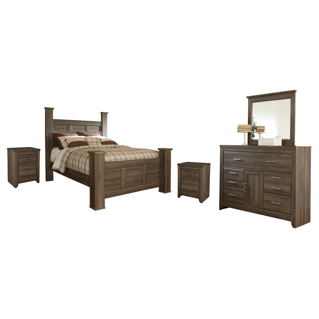 Juararo Queen Poster Bed with Mirrored Dresser and 2 Nightstands Ash-B251B17