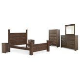 Juararo California King Poster Bed, Dresser, Mirror, Chest and 2 Nightstands Ash-B251B25