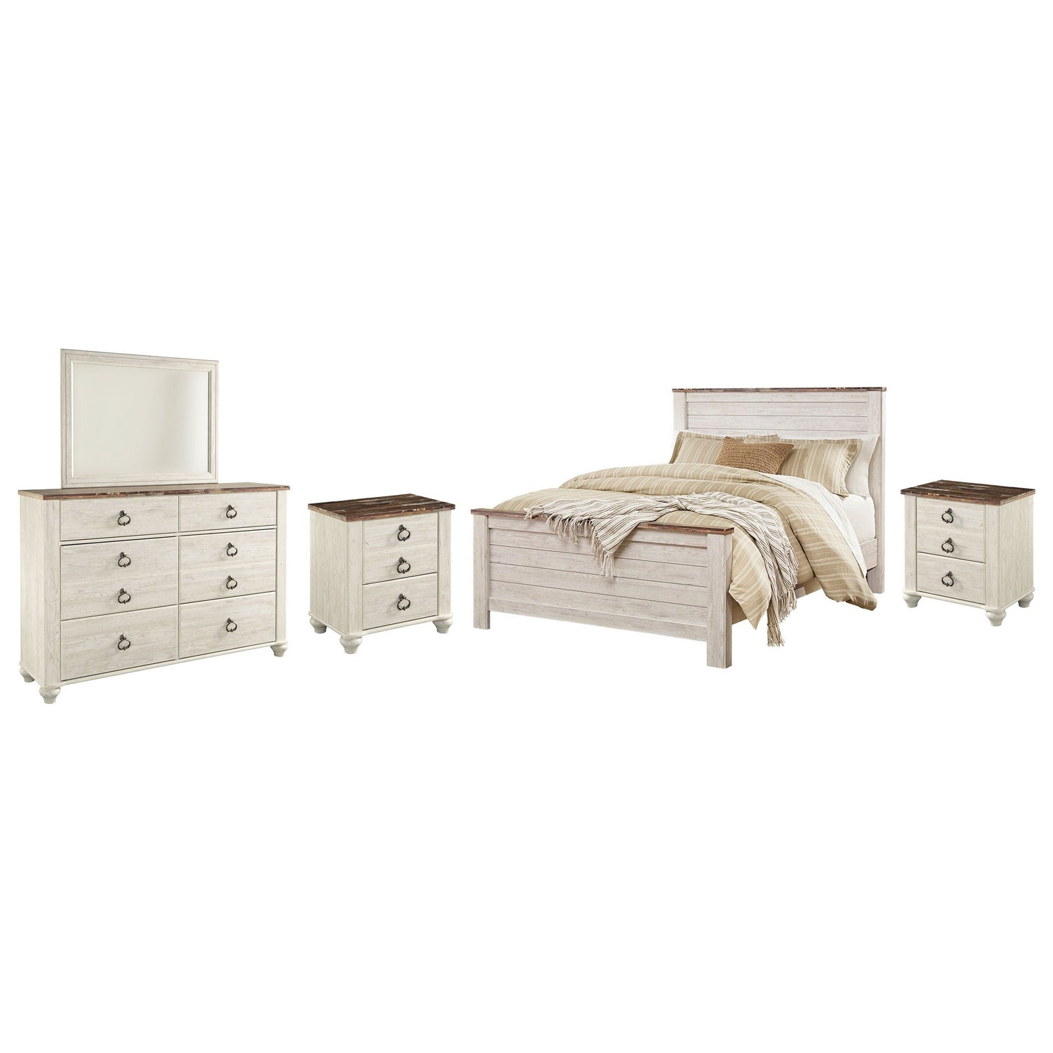 Willowton Queen Panel Bed, Dresser, Mirror and 2 Nightstands Ash-B267B35
