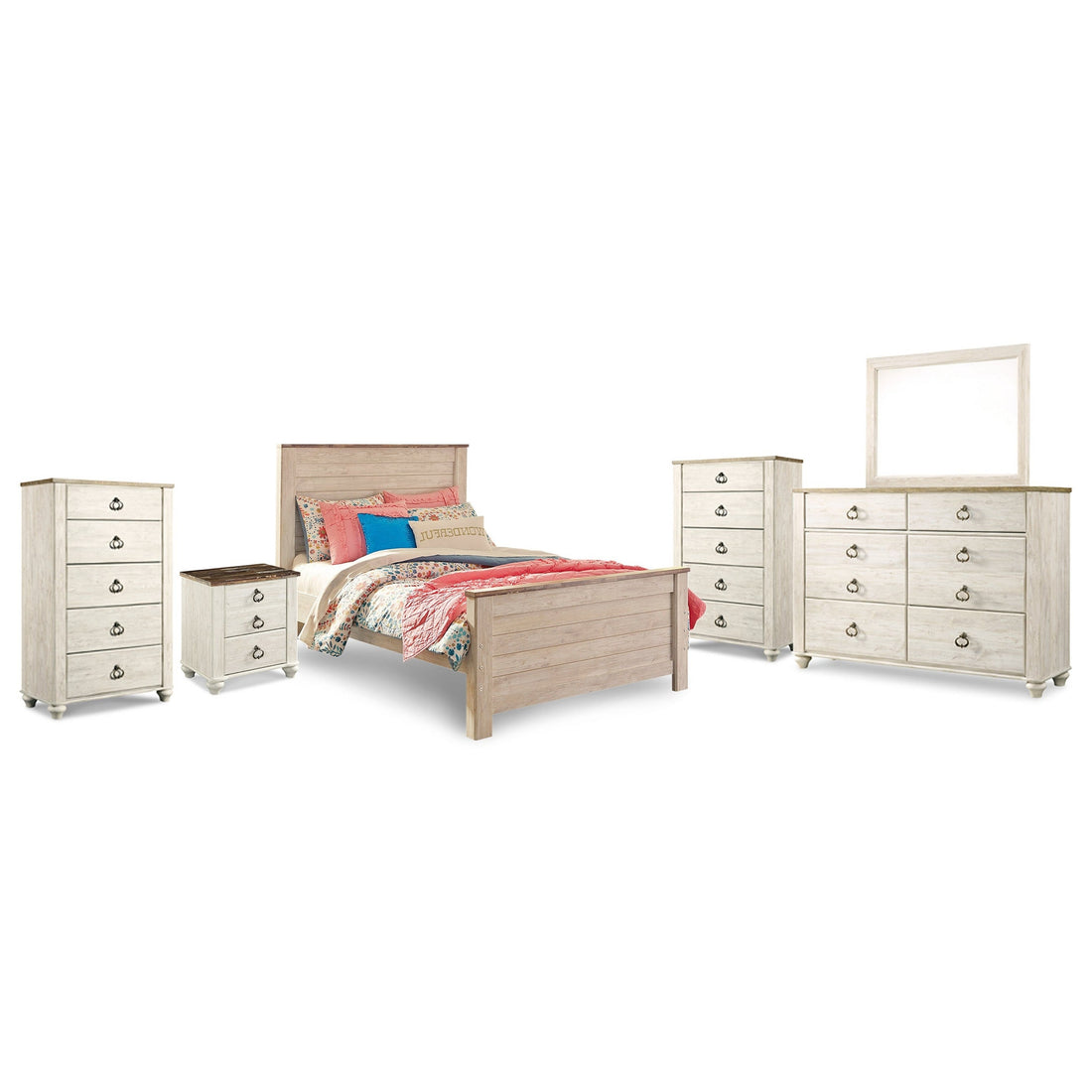Willowton Full Panel Bed, Dresser, Mirror, 2 Chests and nightstand Ash-B267B40