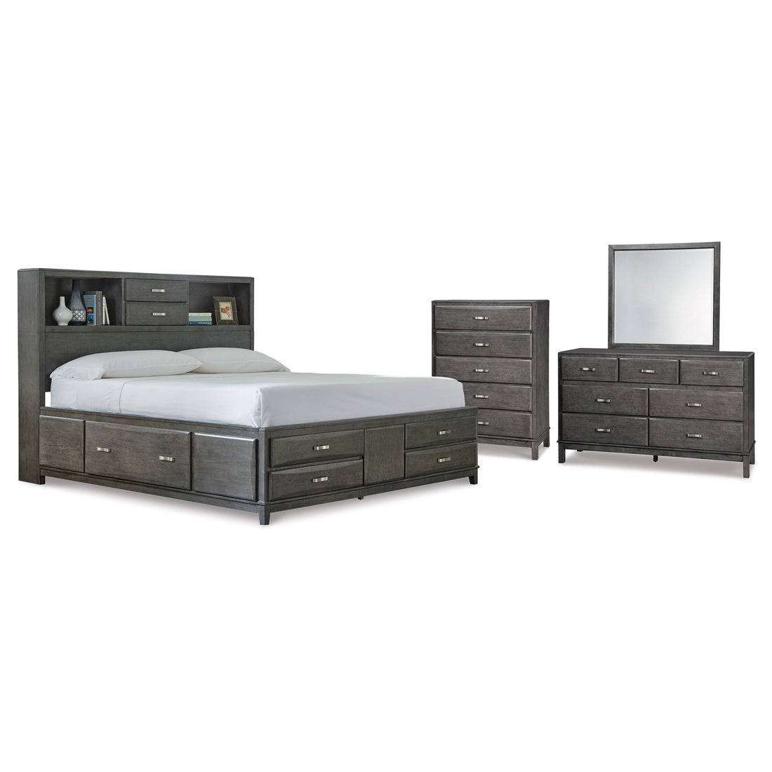 Caitbrook California King Storage Bed, Dresser, Mirror and Chest Ash-B476B11